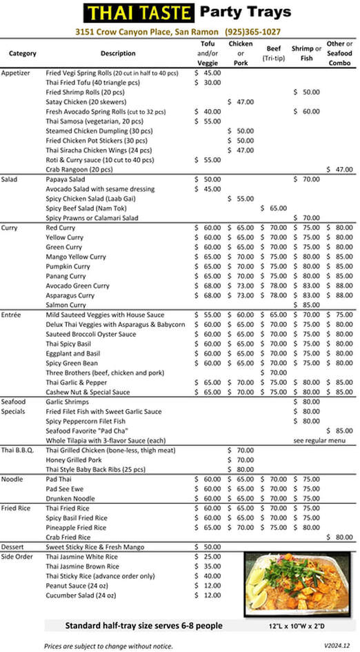 Thai Taste Catering Menu